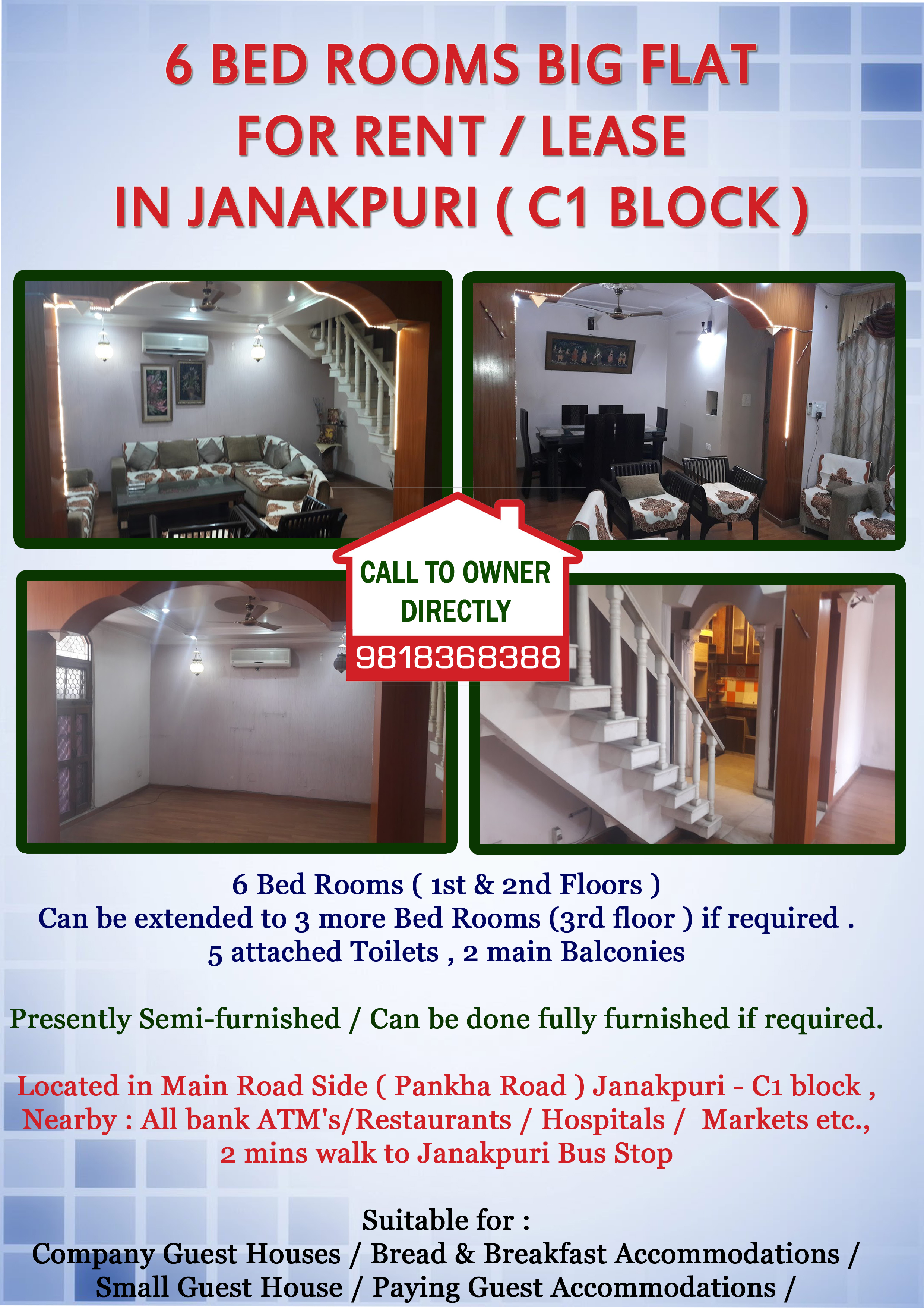 6 BHK ( 1st & 2nd Floors ) Apartment for Rent in Janakpuri - C1 block