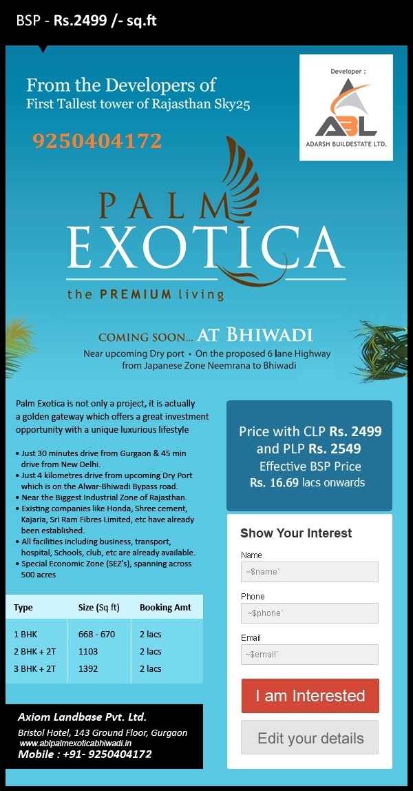 Call 9250404172 Pre Launch ABL Palm Exotica BhiwadiReal EstateApartments  For SaleAll IndiaAirport