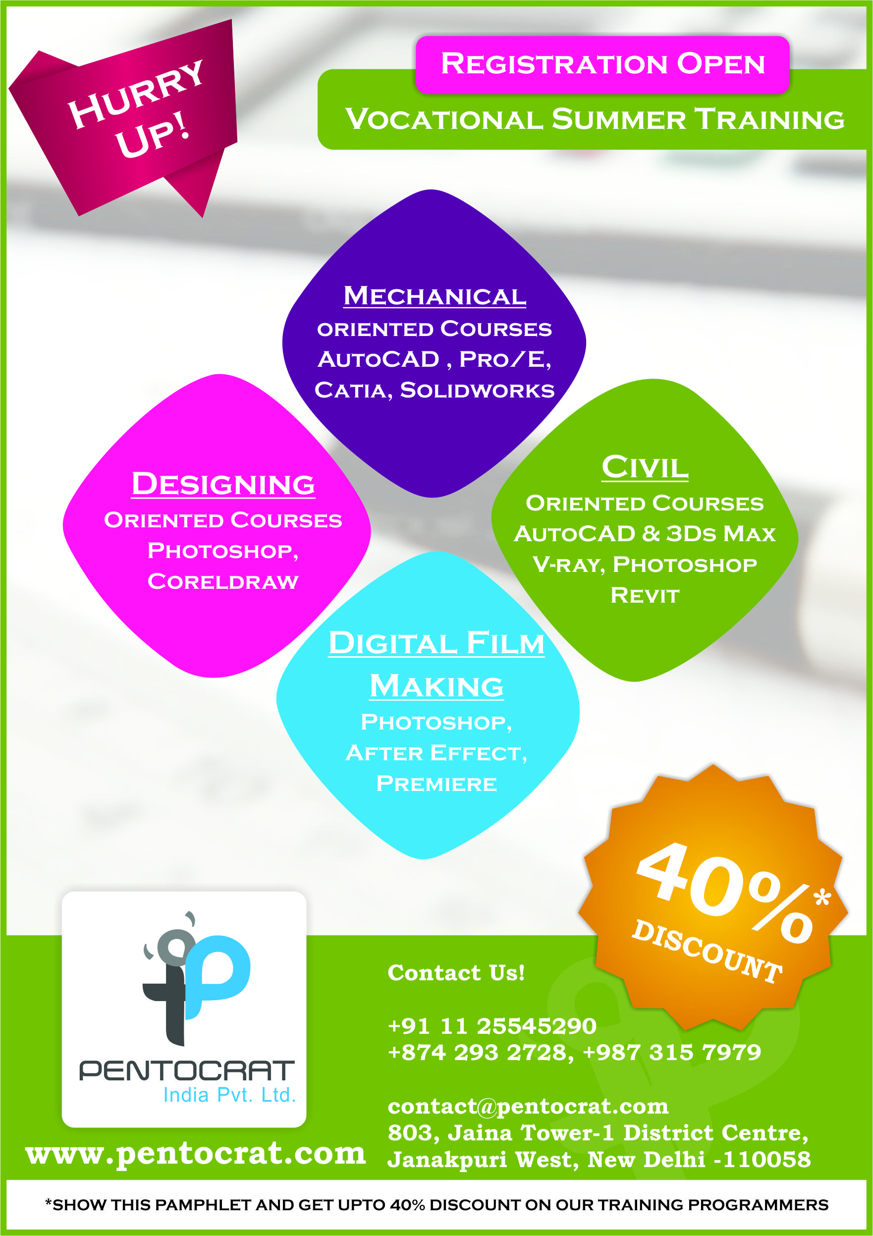 Training in Autocad, 3DsMax, CATIA, ProE, Photoshop, Coral Draw, Adobe-AE