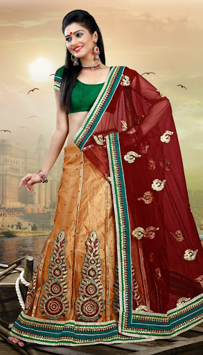 bright net lehnga saree