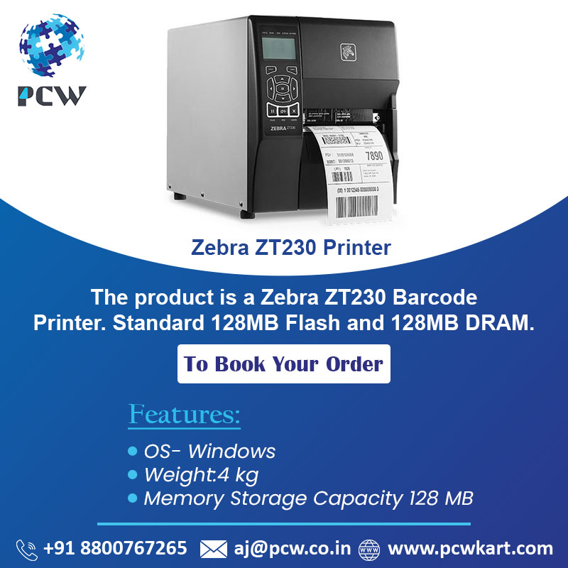 The product is a Zebra ZT230 Barcode Printer. Standard 128MB Flash and 128MB DRAM.