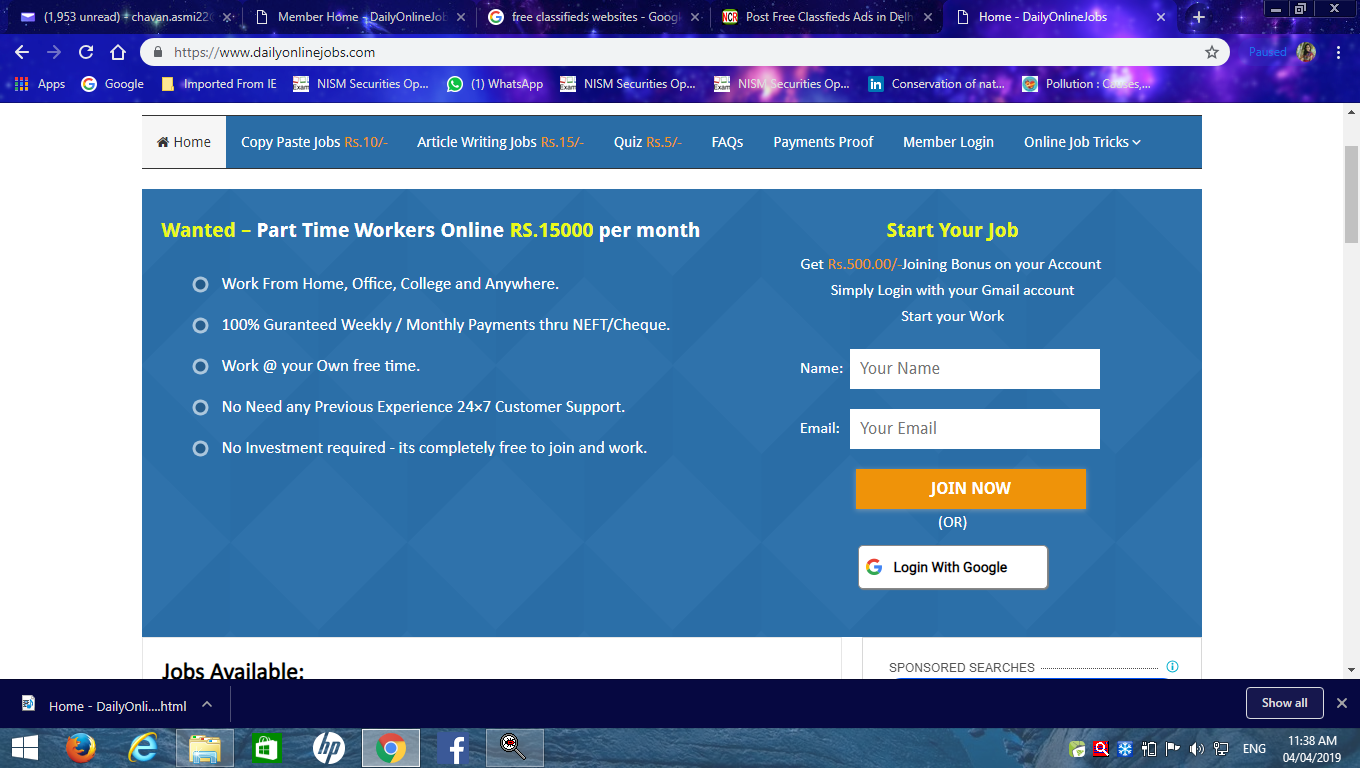 We are Hiring - Earn Rs.15000/- Per month - Simple Copy Paste Jobs