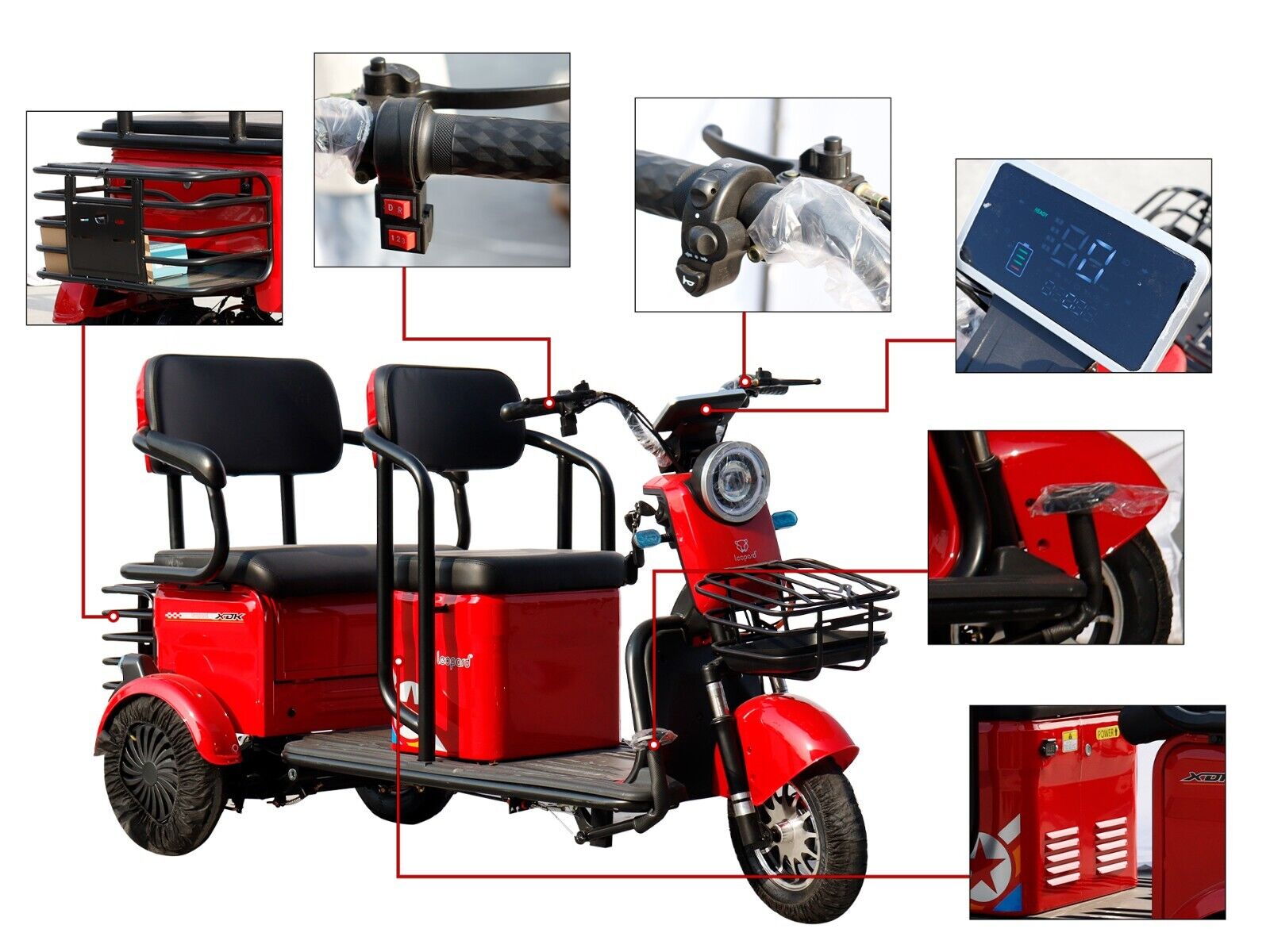 Three Seats Electric Scooter Tricycle Electric Bike 3 Wheels for Adults