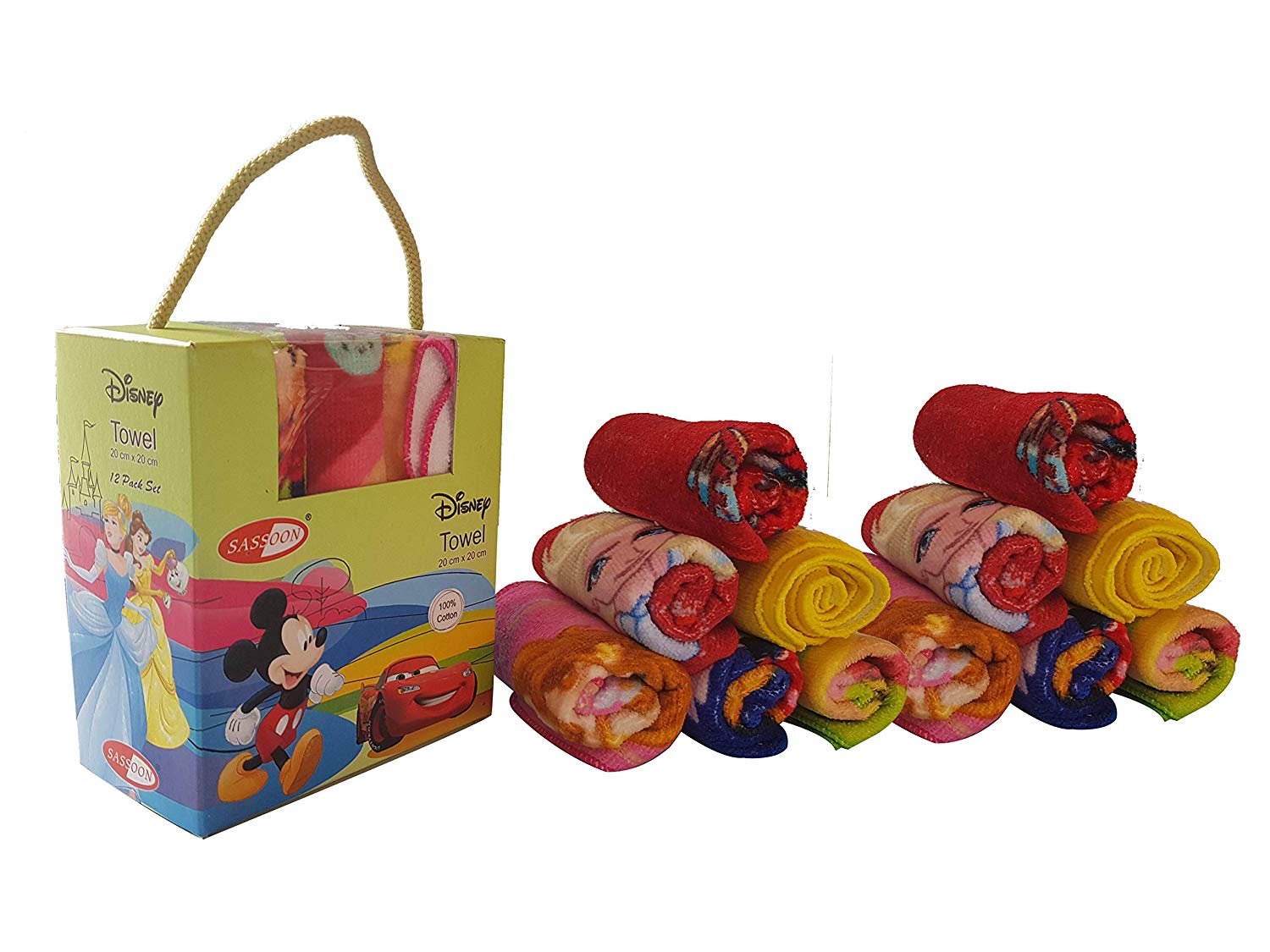 Sassoon Disney Printed Assorted Cotton Face Towel Set of 12 with Gift Box